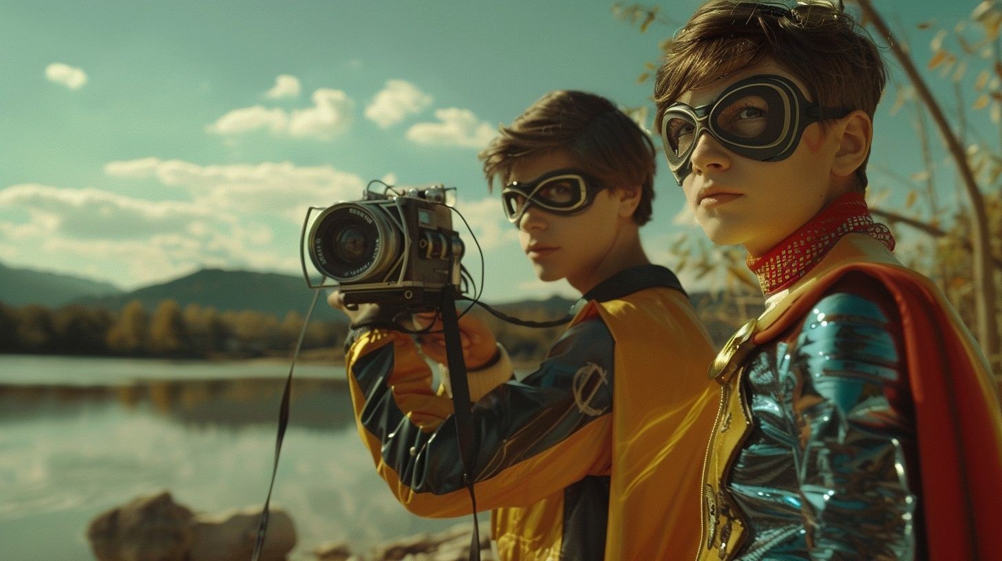 Two kids in superhero costumes and goggles, one holding a vintage camera by a lakeside.